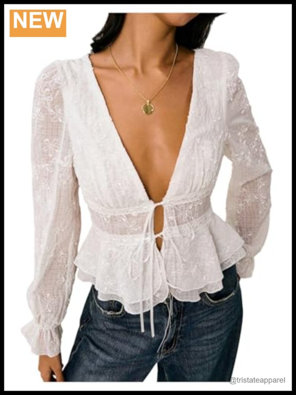 Floral Embroidery Blouse Deep V Neck Tie Front Long Sleeve Peplum Ruffle Top